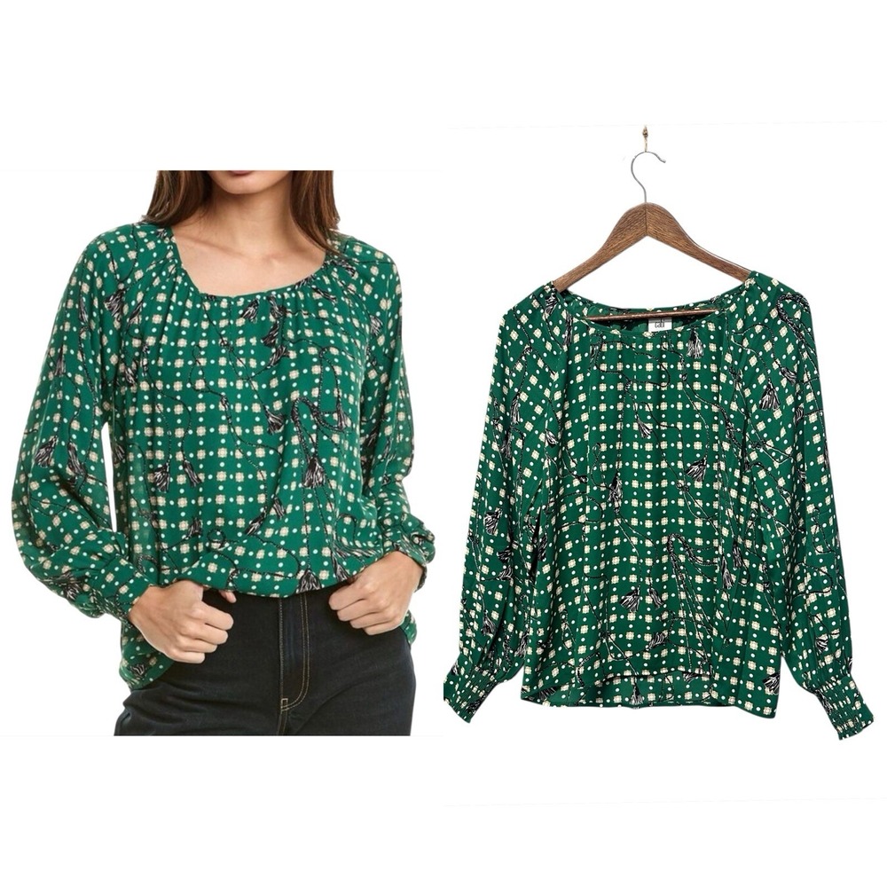 Cabi Womens Top Size XS Fall 2023 Voyage Blouse Green Tunic Bishop Sleeve Office